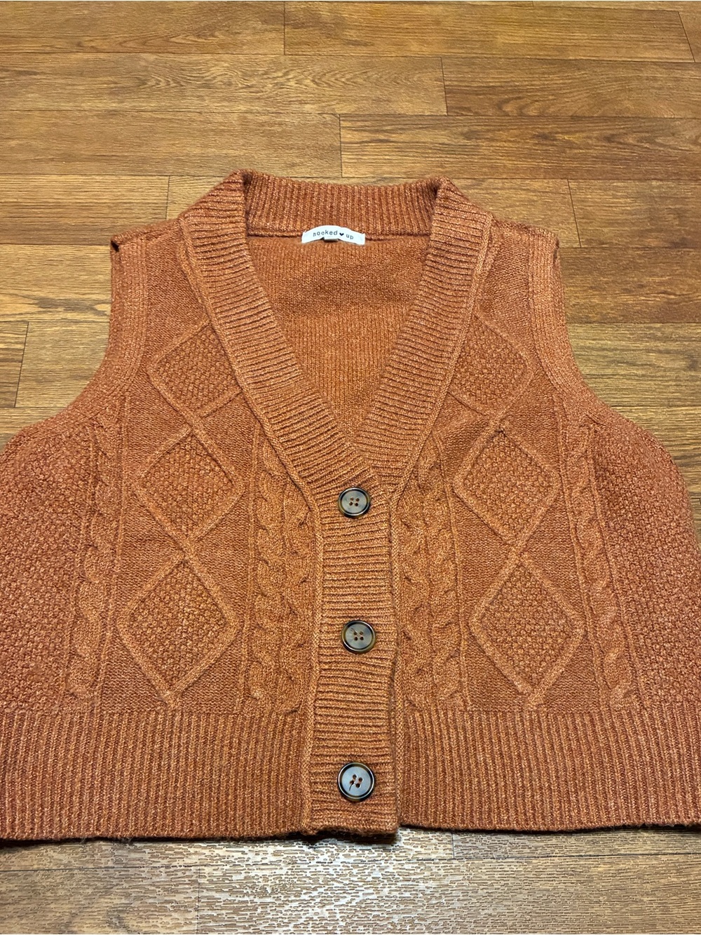 Junior’s Hooked Rust Cable Knit Button-Front Sweater Vest Size XL